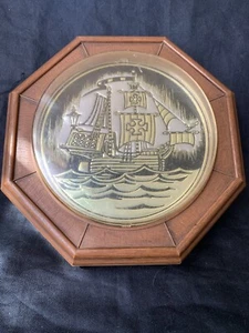 Vtg Octagon Faux Wood Framed Ship Foil Art Wall Plaque Decor Pirate Nautical - Picture 1 of 5