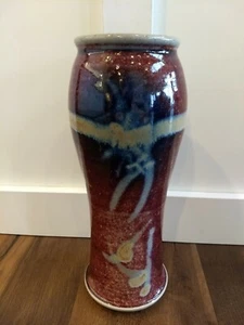 Studio Art Pottery Artist Signed Vase Maroon Burgundy Blue 12" - Picture 1 of 8