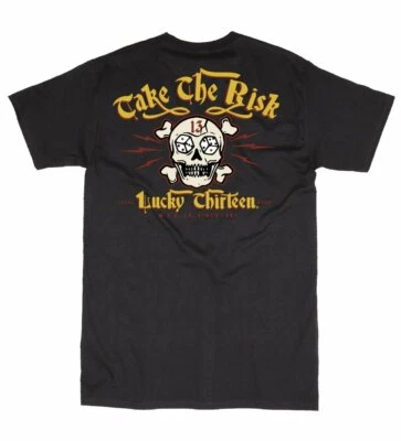 Lucky 13 Pin Up Street Bike Gothic Americana 纹身艺术男式 T 恤承担风险 — 第 1/4 张图片