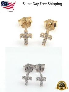Silver Plated Tiny Cz Cross Stud Earrings 5mm Lab-Created - Picture 1 of 9