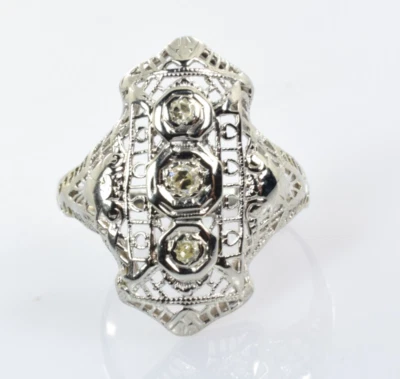 Anel escudo de diamante vintage em ouro branco 14k 0,08 quilates tamanho 5,5 - Imagem 1 de 4