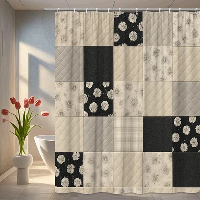 Elegante cortina de ducha floral en blanco y negro para decoración de baño Foto 1 de 4