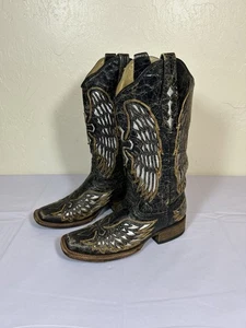 Corral Vintage A1986 Black Distressed Leather Wing Cross Cutout Women Size 6.5 M - Picture 1 of 11