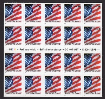 Scott #3549a United We Stand Flag Booklet of 20 Stamps - MNH P#B3333 - Image 1 of 2