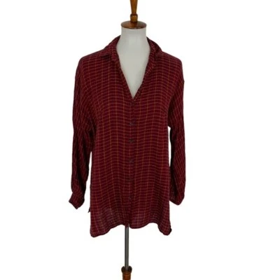 Camisa Topshop Abotonada 2 Roja a Cuadros Manga Larga Preppy Trabajo Informal Foto 1 de 4