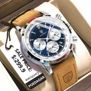 Mens Luxury Wristwatch Real Leather Business Chronograph Watch Poedagar Gift Box