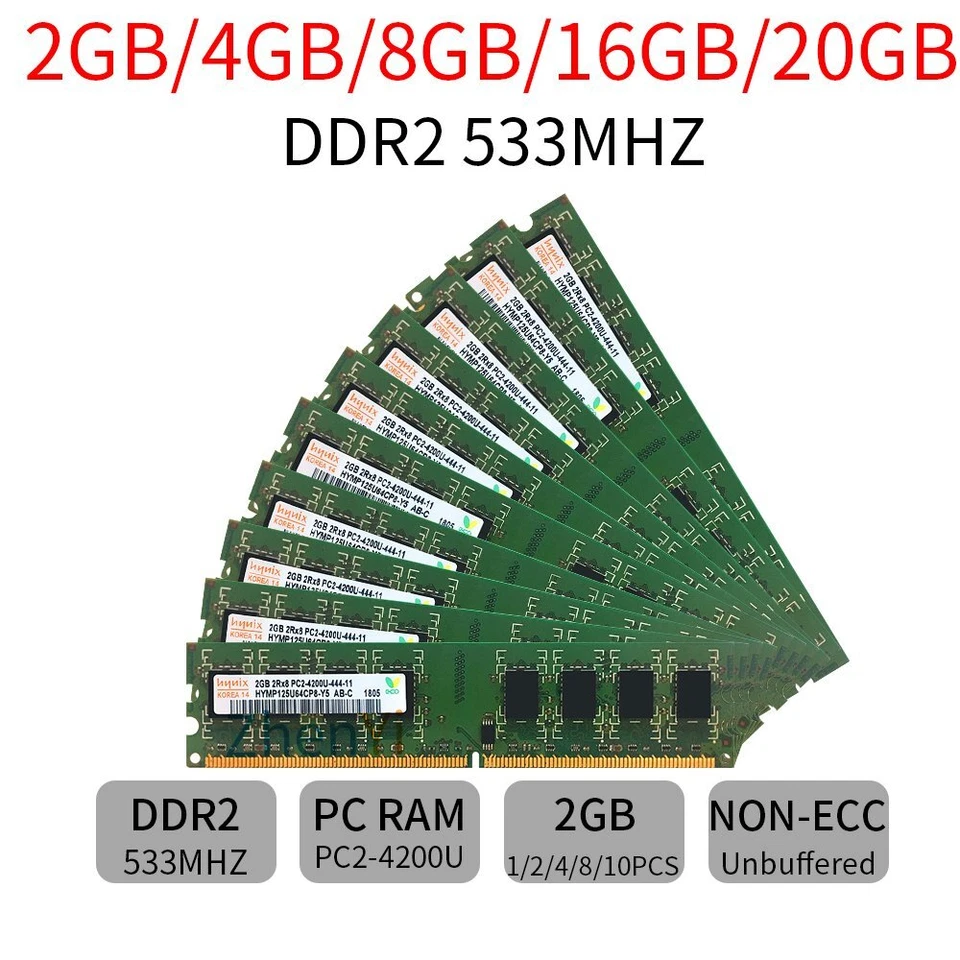 16GB 8GB 4GB 2GB DDR2 533MHz PC2-4200U CL4 Dimm Desktop Memory RAM For Hynix LOT - Image 1 of 4