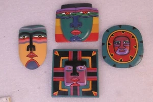 LAUREL BURCH MULTICOLOR WOODEN TRIBAL AZTEC MASKS - Picture 1 of 13