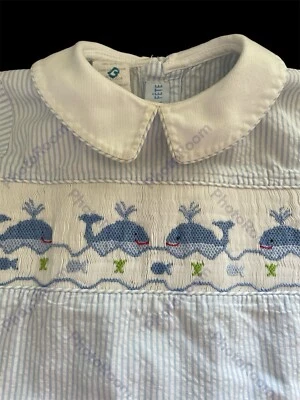 Vive La Fete Blue/White Stripe Seersucker Smocked Embroidered Whales-12Mos - Image 1 of 4