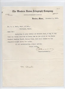 SIGNED 1910 letter by Western Union Telegraph Co. Superintendent Charles F. Ames - Picture 1 of 1
