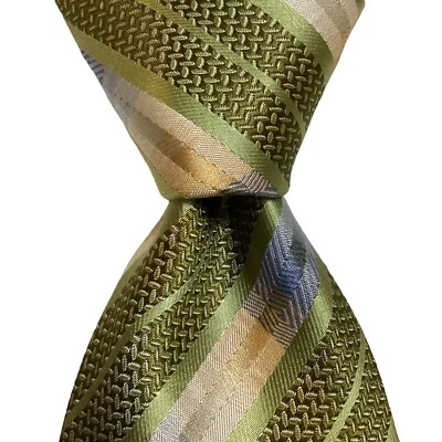 KENNETH COLE Men's 100% Silk Necktie Designer STRIPED Green/Blue/Peach/Gray EUC - Image 1 of 3
