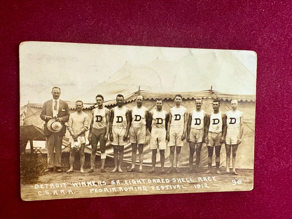 1912 Peoria IL RPPC Scull Rowing Festival 8 Detroit Shell Race Winners Featured - Image 1 of 3