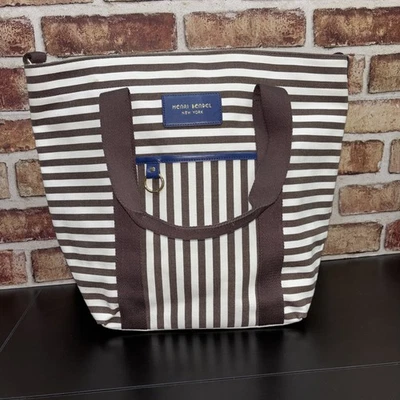Henri Bendel Striped Tote Bag Purse Brown White Logo Canvas Rare Style - Image 1 of 4