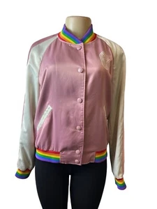 Coach Women's Pink Button Down Varsity Jacket With Rainbow Trim Sz M - Picture 1 of 10