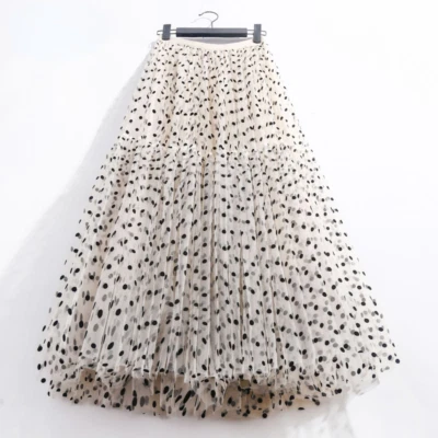 Women Polka Dot Pleated Tulle Skirt Layered A-Line Maxi Hem Mesh Midi Skirts - Image 1 of 4