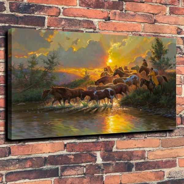 12"X18", Morning Roundup river ,Oil Painting Canvas Prints Decor Unframed