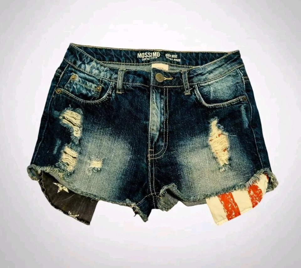 Mossimo Supply Co. Juniors 5📏28 英寸 W 高腰仿旧剪裁爱国短裤 — 第 1/4 张图片