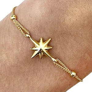 14K Gold Yellow North Star Medallion Bolo Bracelet Adjustable - Picture 1 of 5