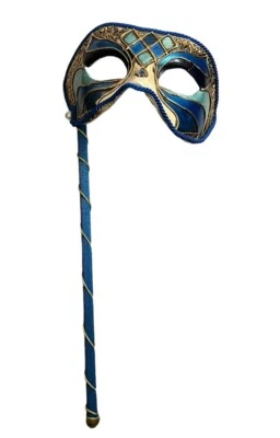 HANDMADE HANDHELD PAPIER MACHE PARTY MASK  Masquerade Blue Gold - Image 1 of 4