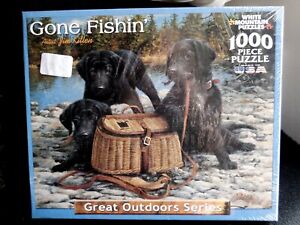 GONE FISHIN' Fishing  Great Outdoors Series 1000 Pc. Puzzle Black Lab Dogs. NEW