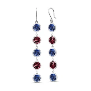 10.00 Ct Blue Created Sapphire Red Rhodolite Garnet 925 Sterling Silver Earrings - Picture 1 of 2