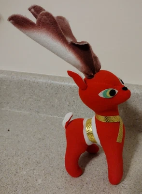VINTAGE Christmas Red REINDEER Felt Stuffed  1950's JAPAN Gold Accents - Image 1 of 4