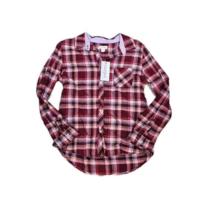 New Cat & Jack Girl Red Blue Plaid Flannel Long Sleeve Button Up Top L 10 12 - Picture 1 of 3