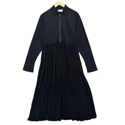 Nordstrom Pleated Maxi Dress Solid Black Long Sleeve Zip Front Mixed Media Sz S - Image 1 of 4