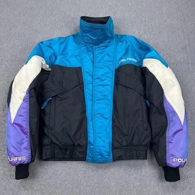 VTG Polaris Snowmobile Bomber Jacket Men's Large Black Purple Blue Retro 90s USA - Image 1 of 4