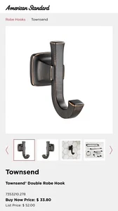 AMER/STANDARD “TOWNSEND” ROBE HOOK LEGACY BRONZE #7353210.278 FOR BATHS,C-pics - Picture 1 of 3