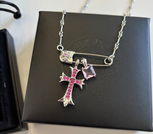 CHROME HEARTS Collana Spilla di Sicurezza Cromata in Scatola Croce Y2K Con Confezione