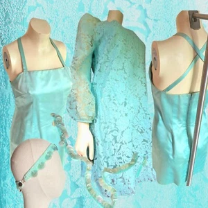 vintage light aqua blue see-through sheer dress satin under 60s 70s S/M headband - Picture 1 of 24