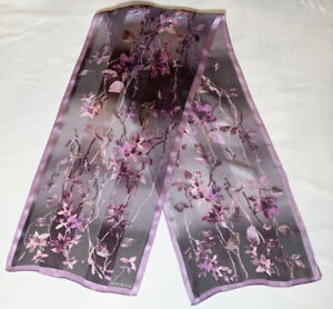 Anne Klein Semi Sheer Gray Silk Scarf Lavender Purple Floral Romatic 53" x 11"