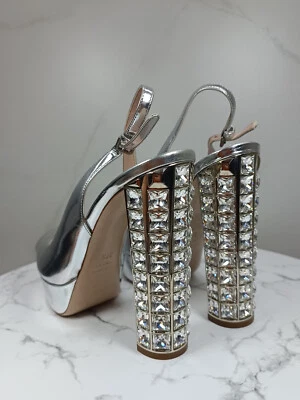 Miu Miu Silver Leather Platform Block Heel Rhinestone  Crystal Sandals 37 1/2 - Image 1 of 4