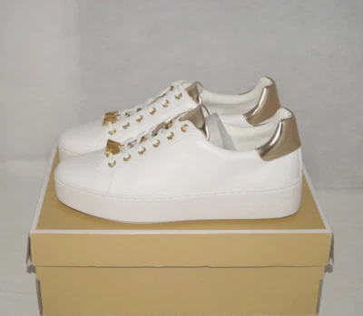 Sapatos femininos de couro branco/dourado Michael Kors Poppy com cadarço autêntico novo sem caixa 9 M - Imagem 1 de 4