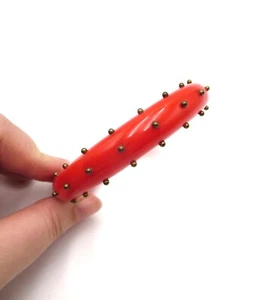 VTG Red Celluloid Plastic Brass Studded 8" Bangle Bracelet Retro Unisex - Picture 1 of 6
