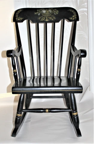 Vintage Ramsdell Child Rocking Chair Black Gold Harvest Stencil USA Cover