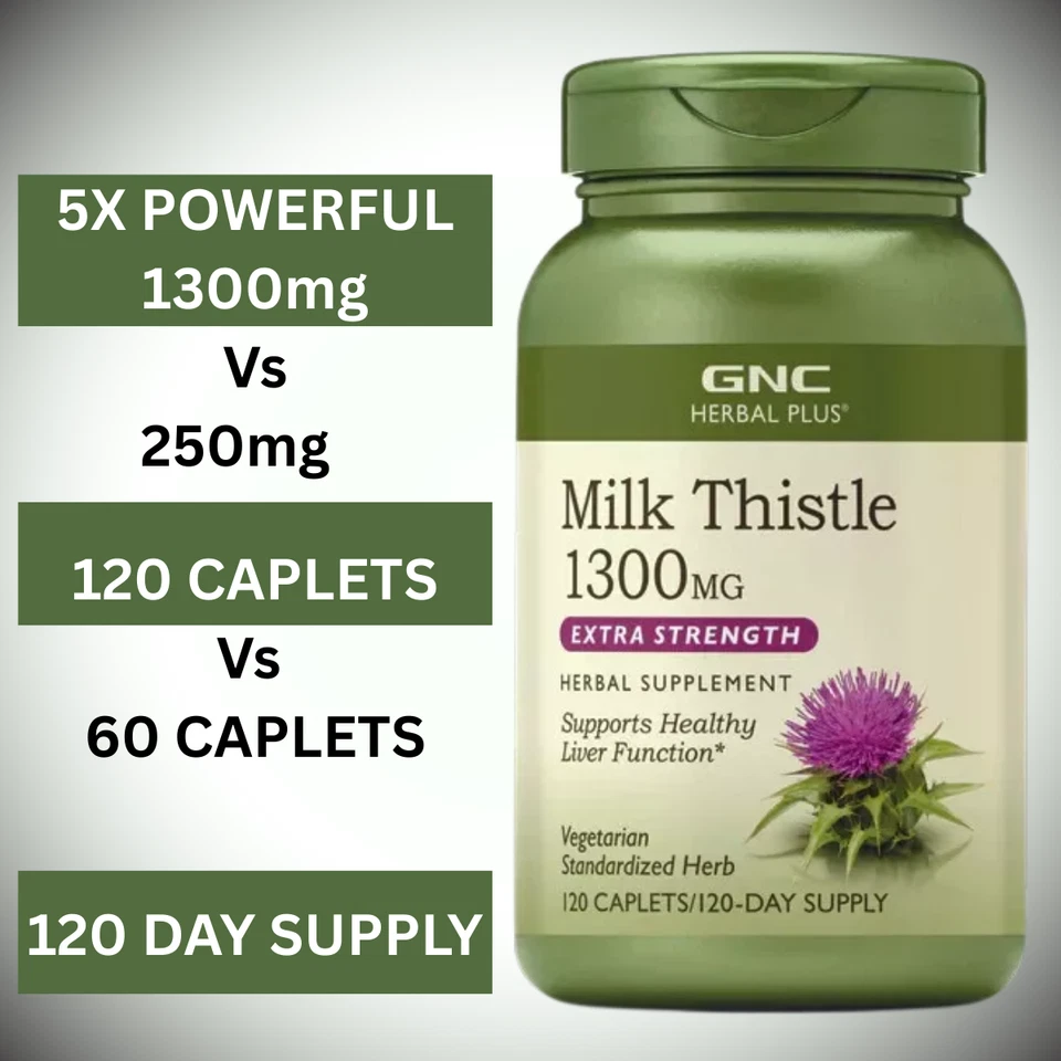 Расторопша GNC Herbal Plus 1300 мг дополнительная сила 120 каплет детоксикация печени - Изображение 1 из 3