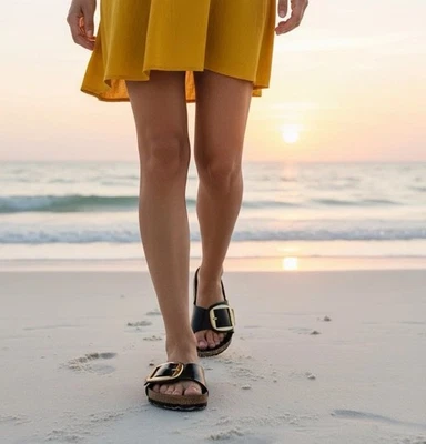 Sandalia Birkenstock Madrid Alto Brillo Hebilla Grande Negra Deslizable Dorada Talla 39/8-8.5 Foto 1 de 4