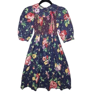 Vintage Polly Flinders Girls Smocked Dress 8 Floral Puff Sleeve Long Cottage - Picture 1 of 12