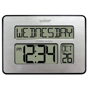 Digital Clock Atomic Extra Large Digit Easy to Read Display Full Calendar Silver - Picture 1 of 7