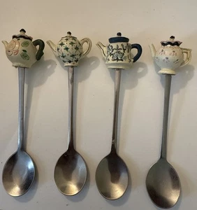 DEMITASSE TEELÖFFEL MIT PORZELLAN TEEKANNENGRIFF 4ER SET LÖFFEL - Bild 1 von 4