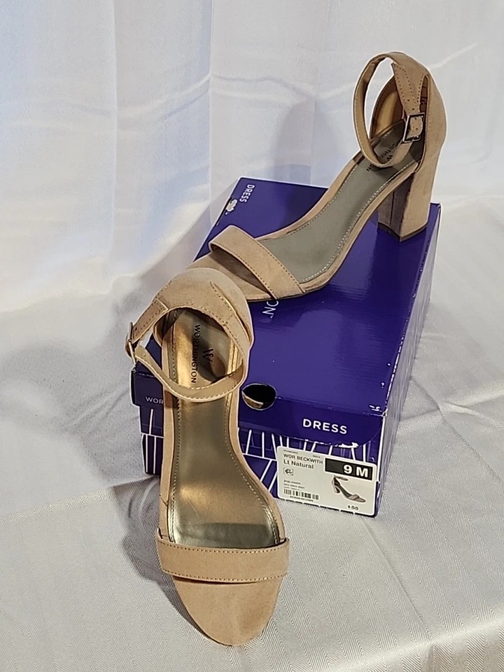 Sandalias Worthington Beckwith Beige Mujer 9 Gamuza Punta Abierta Correa al Tobillo Tacón Bloque Foto 1 de 4