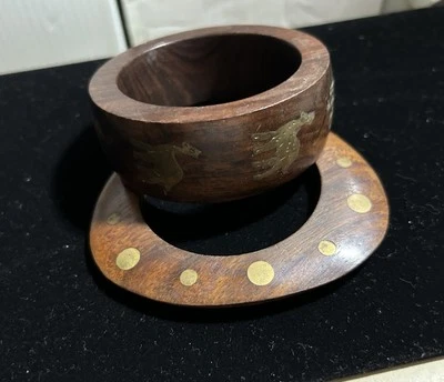 Lot of 2 Wood Bracelets Bangles Brass Details Vintage - Image 1 of 4