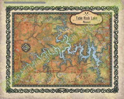 Table Rock Lake, arte del lago Table Rock, mapa del lago de roca de mesa, mapa mesa lago de roca, Foto 1 de 3