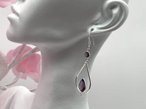 Vintage Sterling Silver 925 Earrings Amethyst Dangle Drop 3.77g - Picture 1 of 8