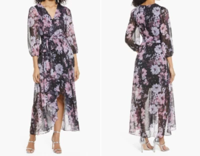 ELIZA J Black Pink Floral Silver Metallic Waist Tie Sash High Low Maxi Dress 8 M - Image 1 of 4