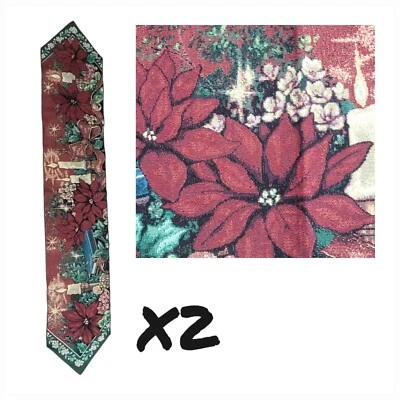 2 Holiday Table Runners Poinsettia Tapestry Embroidery Classic Christmas Pair  - Image 1 of 4