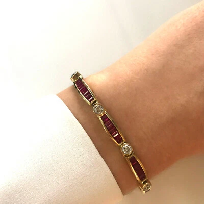 7.8 ctw Natural Red Ruby & Diamond Solid 14k Yellow Gold Link Tennis Bracelet - Image 1 of 4