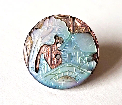 Antique Button...Intricately Carved & Layered Pearl Scene...Colorful Iridescence Cover